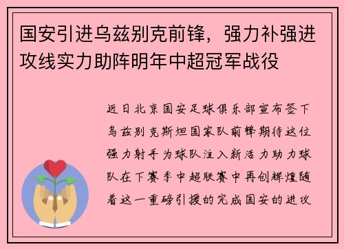 国安引进乌兹别克前锋，强力补强进攻线实力助阵明年中超冠军战役