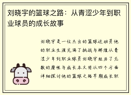刘晓宇的篮球之路：从青涩少年到职业球员的成长故事